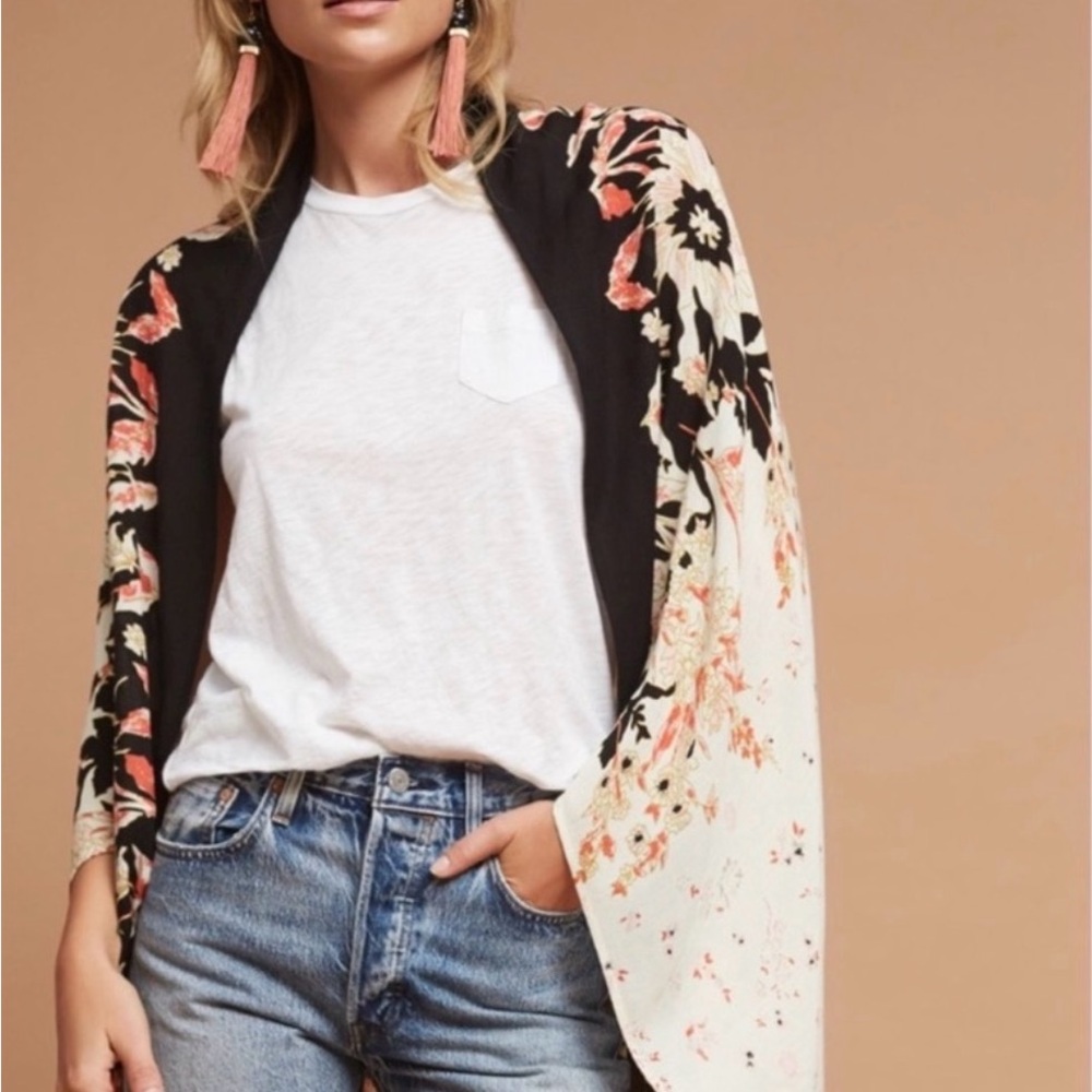 Anthropologie Roffe Floral Kimono Black Cream Boho